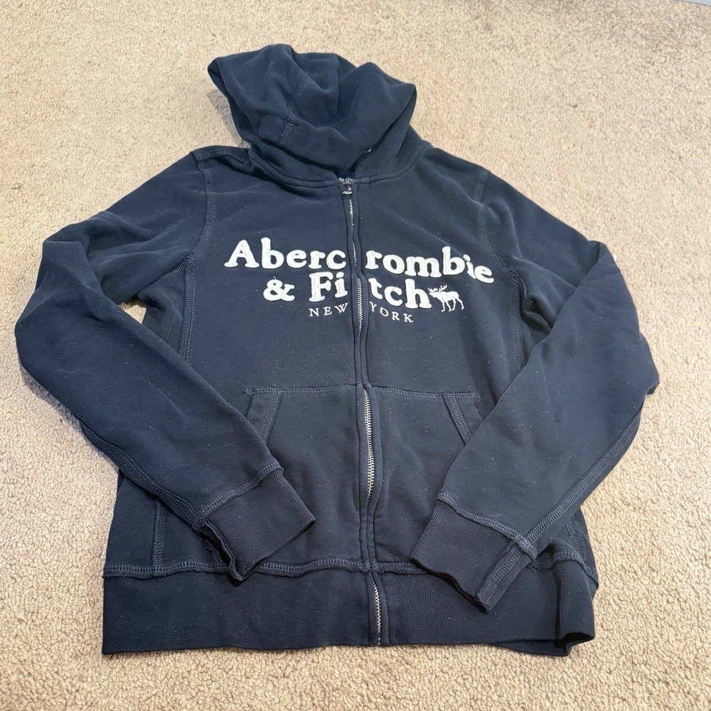 Abercrombie & Fitch Spell Out Zip Up Sweatshirt Size S Navy Blue Y2K Vibes